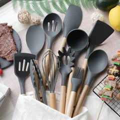 12-Piece Silicone & Wood Kitchen Utensils Set – Heat Resistant, BPA-Free, Non-Toxic