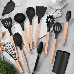 12-Piece Silicone & Wood Kitchen Utensils Set – Heat Resistant, BPA-Free, Non-Toxic