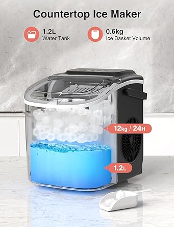 CROWNFUL Ice Maker Countertop with Handle, 9 Cubes in 6 Mins, 12Kg/24H, Self-Cleaning, Portable Small Ice Machine with Scoop and Basket for Home kitchen Office Party