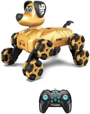 RC Stunt Robot Dog with unique mecanum wheels and remote control for stunts and tricks.